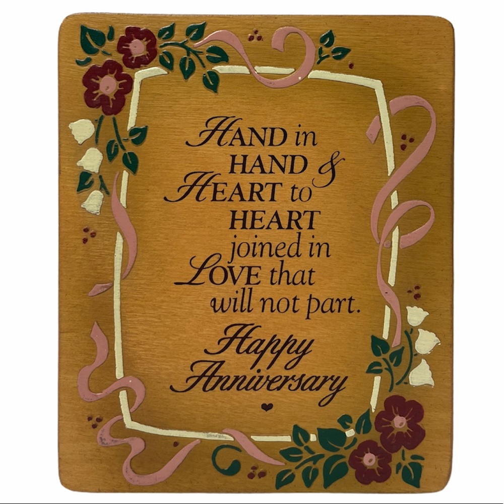Happy Anniversary Vintage Picture Art Hand Crafted Wood Rose Floral Gift Decor
